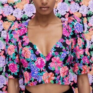 Zara Floral Puff Sleeve Crop Top SIZE Medium NEW WITH TAG!